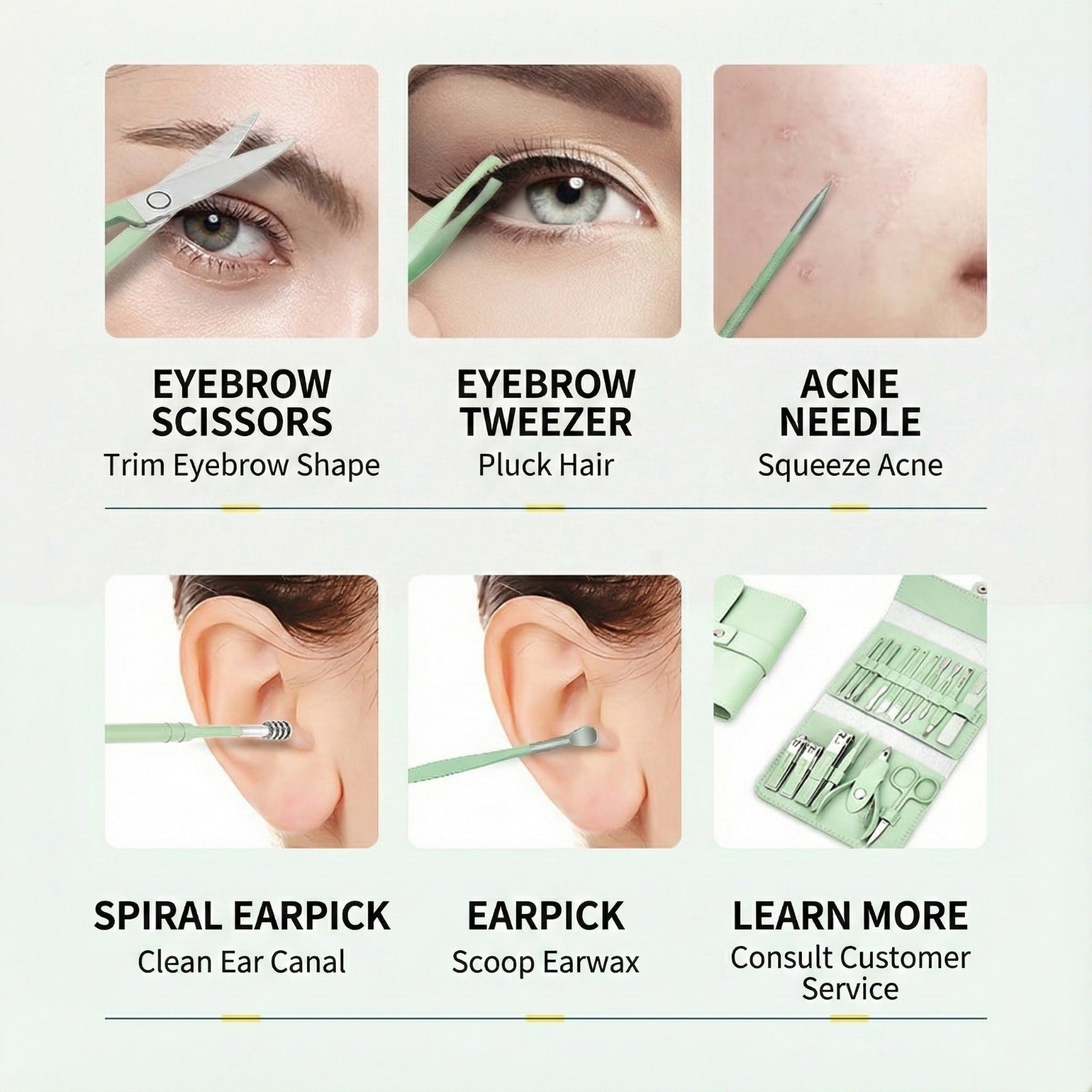 Individual Tool Details of 16-Piece Professional Nail Clipper Kit.