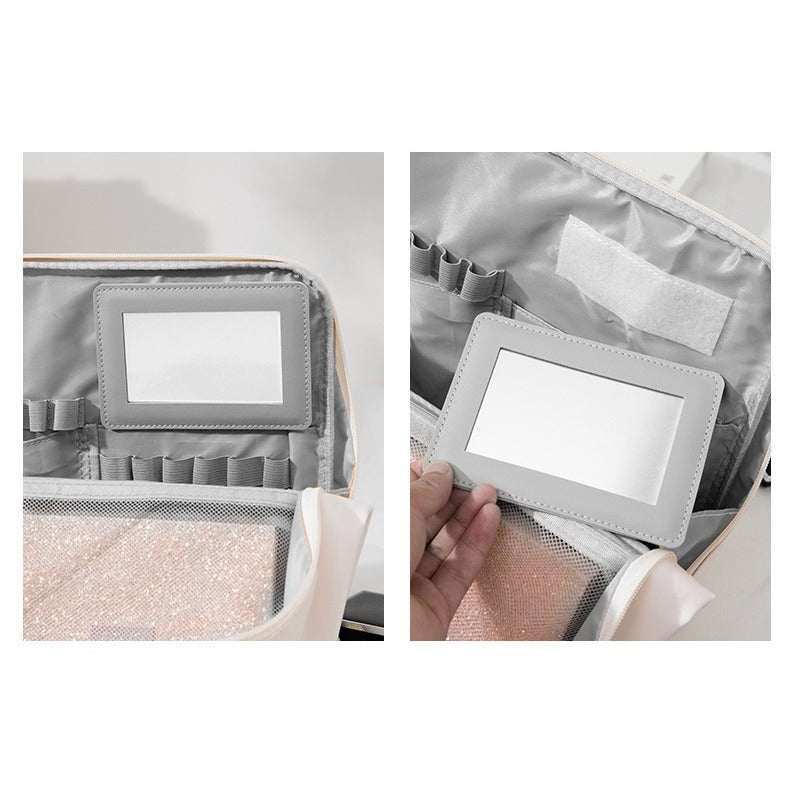 A close-up collage showing the interior of a Travel Makeup Bag Cosmetic Organizer Case. The left panel shows a gray label holder with a blank white insert, elastic loops, and a glittery pink compartment.