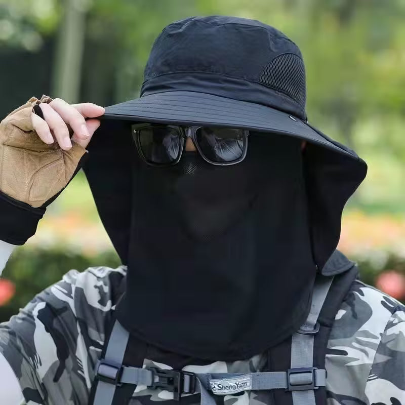 A Person is wearing Outdoor UV Protection Sun Hat.