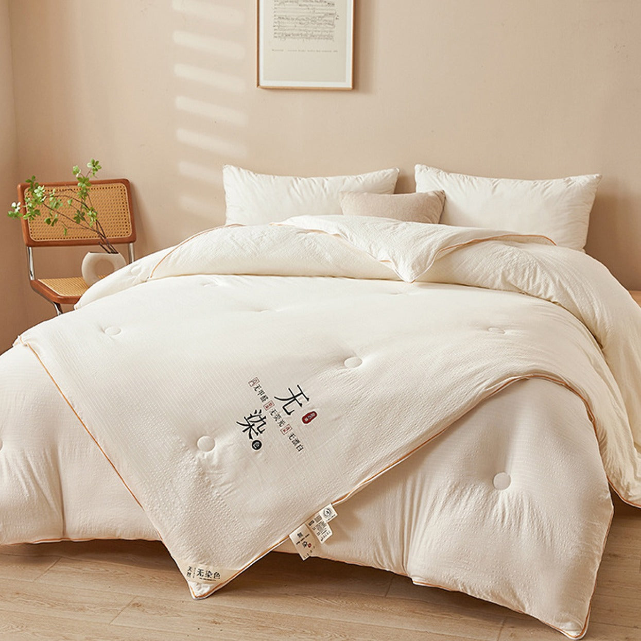 A Ultra Soft Soy Fiber Comforter is Arranged on a Bed.