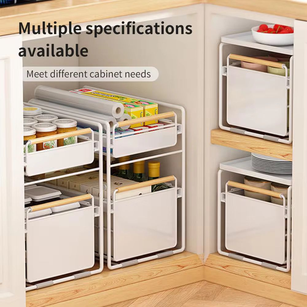 Kitchen Essentials are Organized at Under Sink Storage Rack.