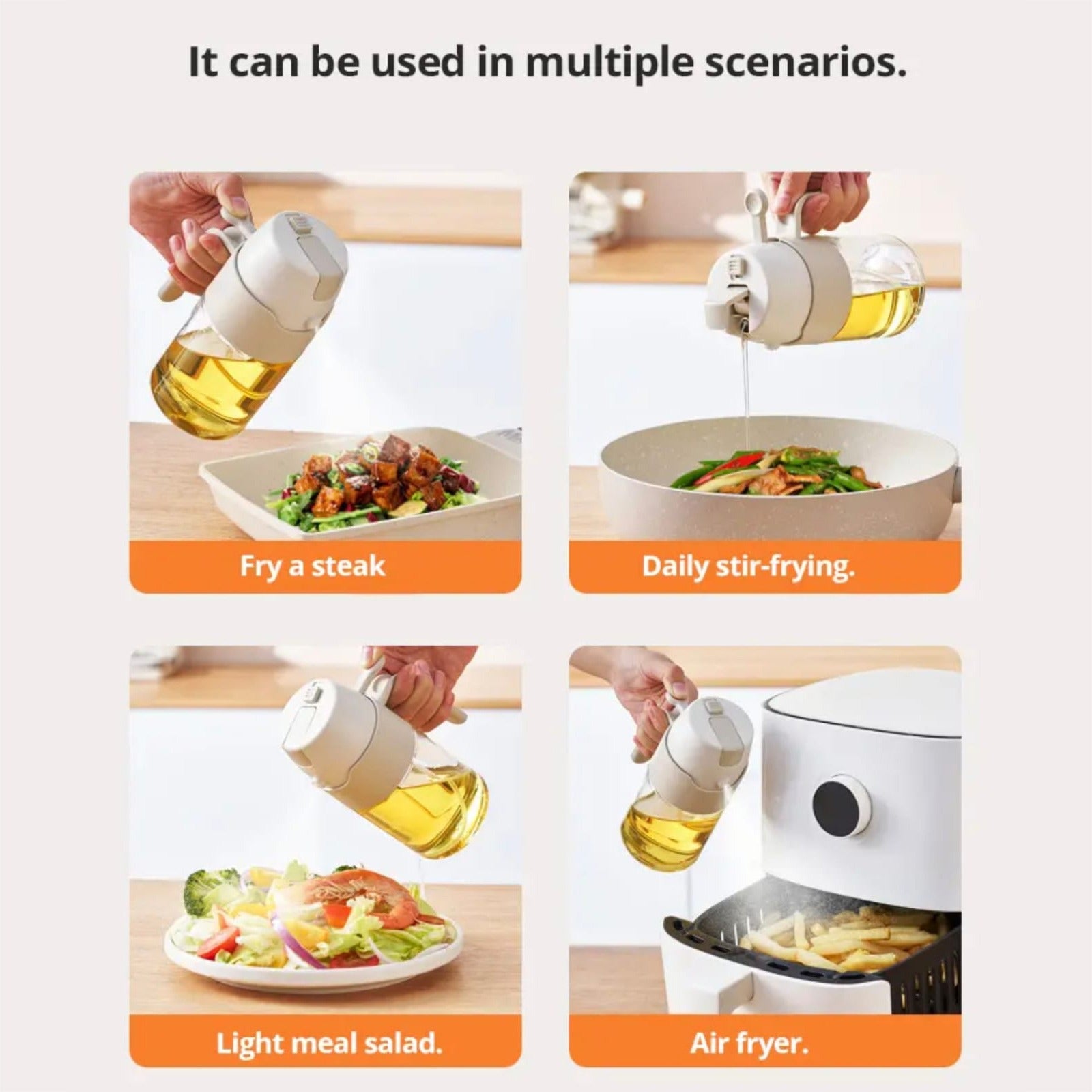 A Person is demonstrating the multi uses of 550ml Oil Dispenser Spray Bottle.