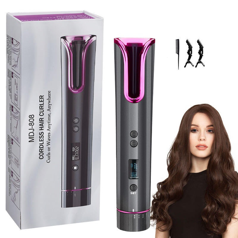A Woman Styled Her Using Cordless Automatic Hair Curler.