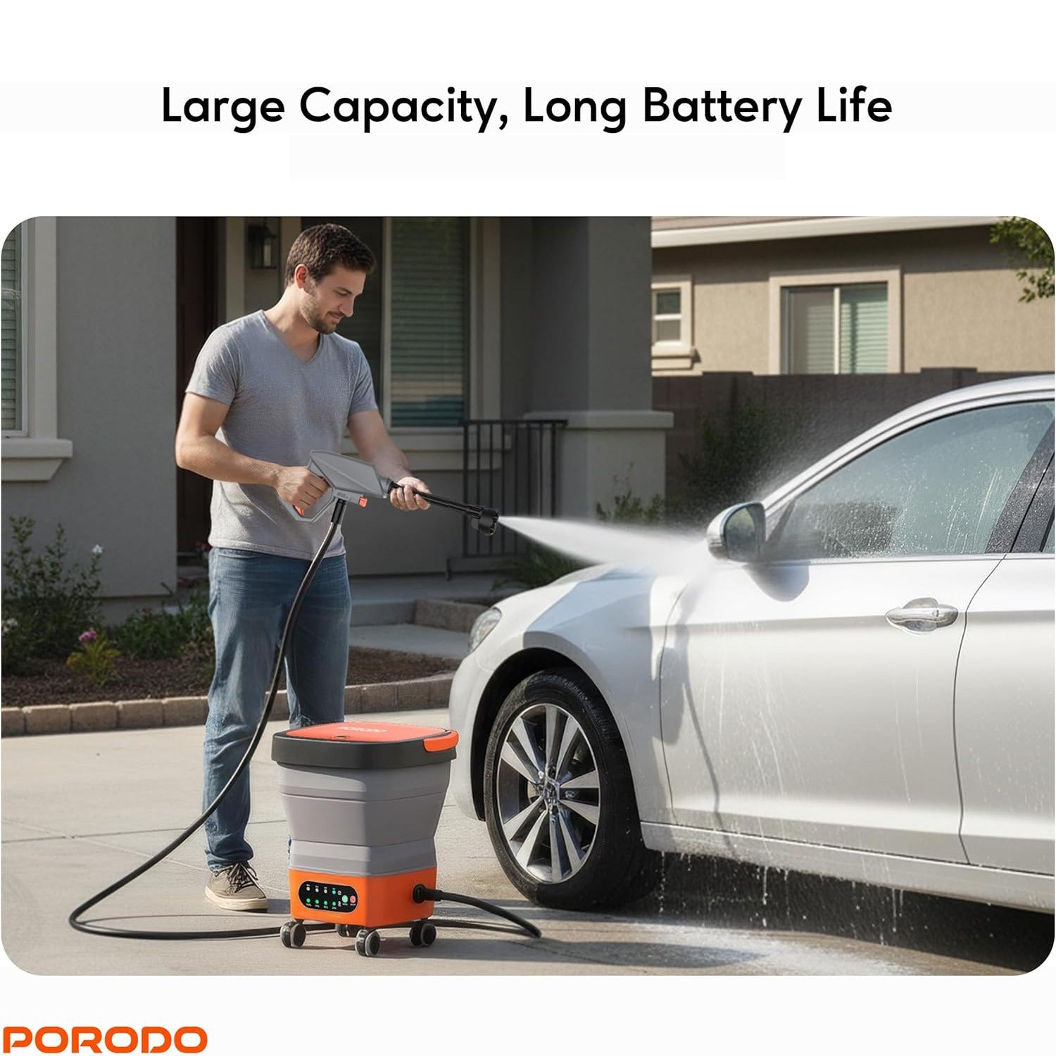 A Person is Washing Car Using Porodo AquaSpray Multifunctional Pressure Washer.