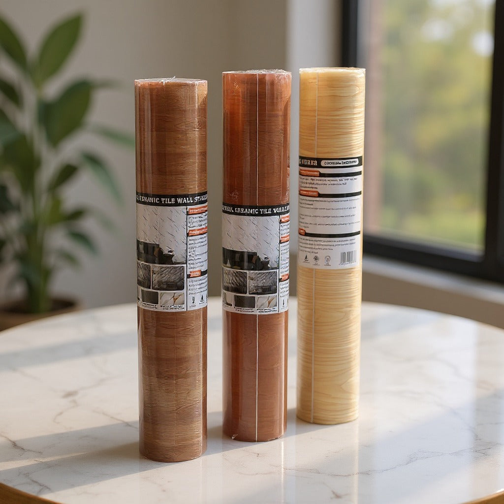 Different Variants Of Self Adhesive Wood Grain Peel and Stick Ceramic Tile Wallpaper Stickers.