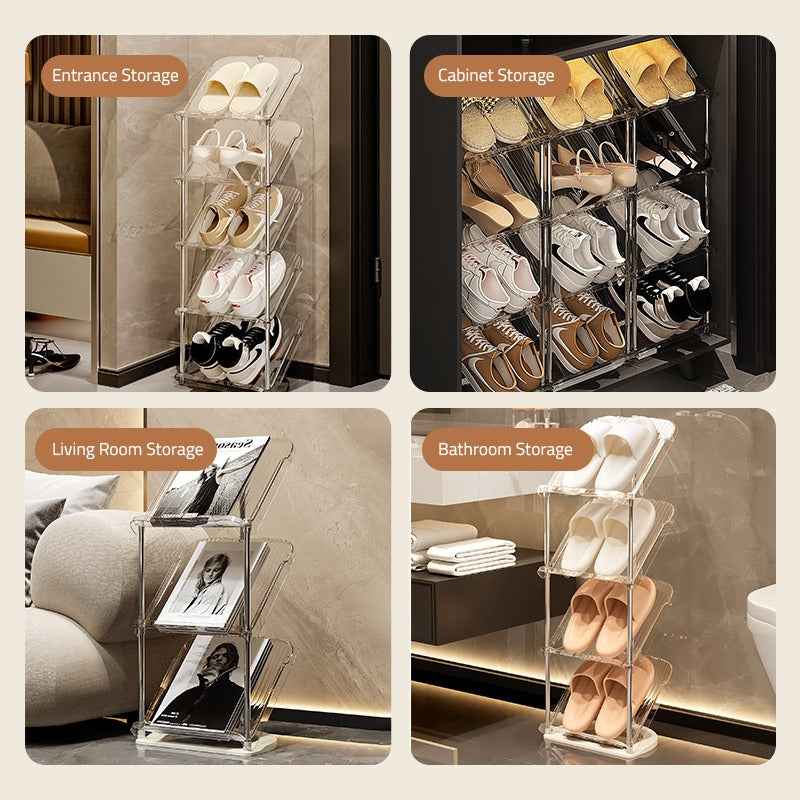 Shoes are Organized in a Vertical Shoe Rack Organizer Stand and Kept on Various Spaces.