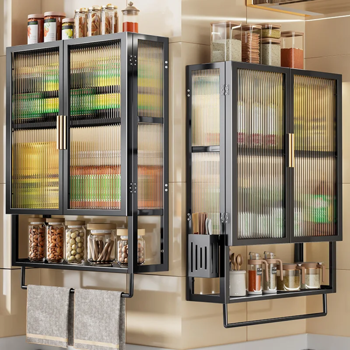Wall-mounted storage organizers with ribbed glass doors, displaying neatly arranged spice bottles and kitchen towels.