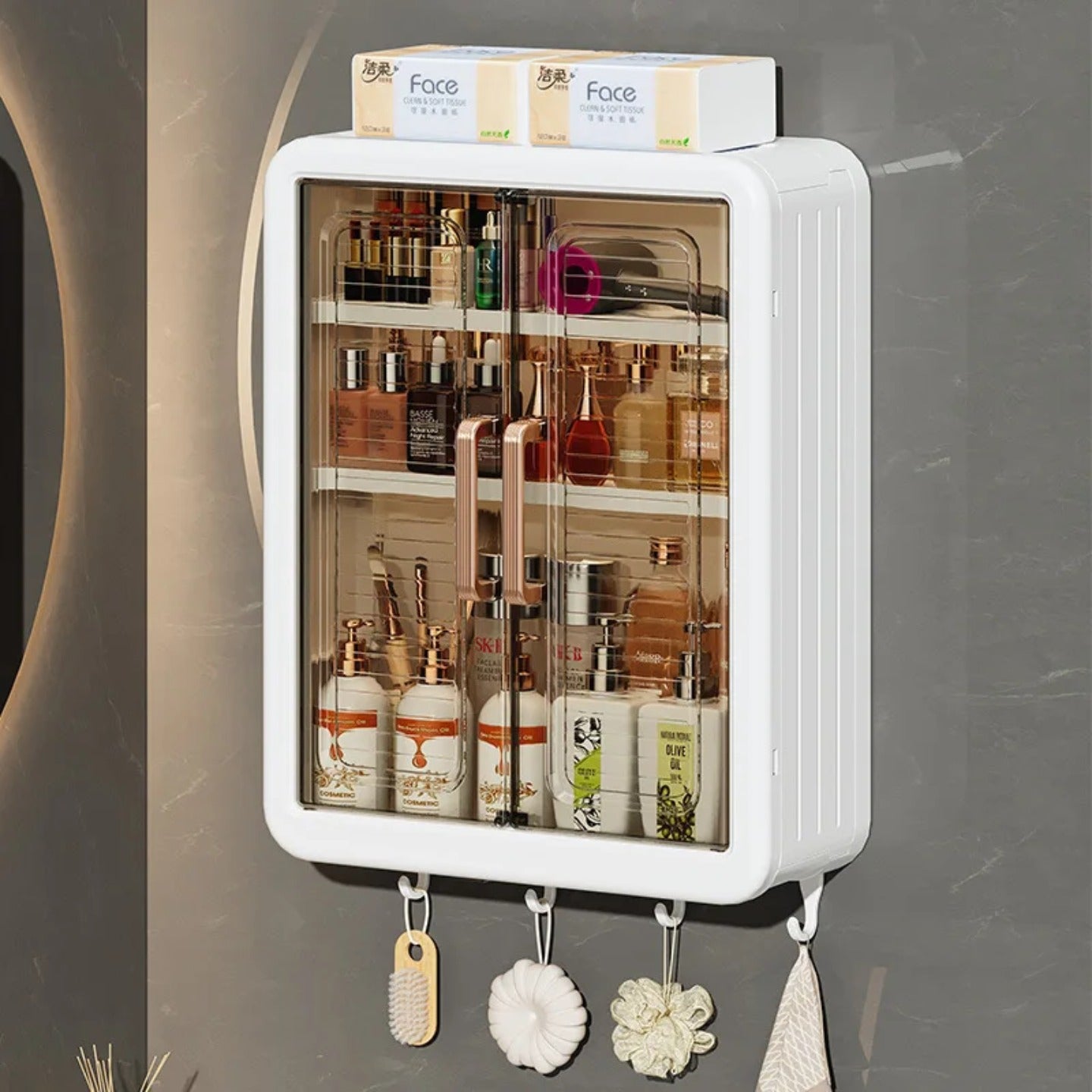 Wall Mounted Storage Cabinet Organized with Shower Items.
