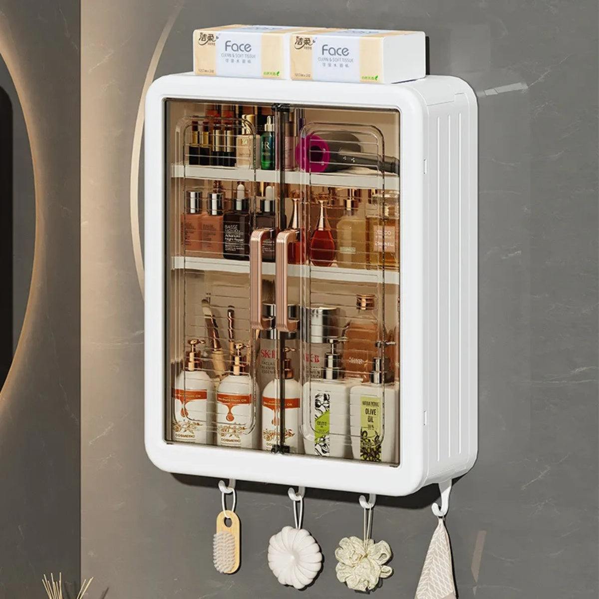 Wall Mounted Storage Cabinet Organized with Shower Items.