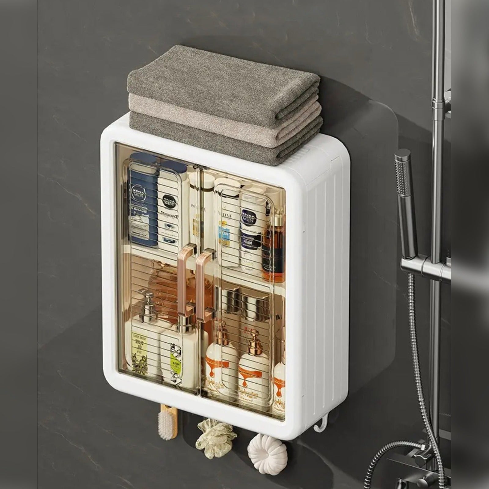 Wall Mounted Storage Cabinet Organized with Shower Items.