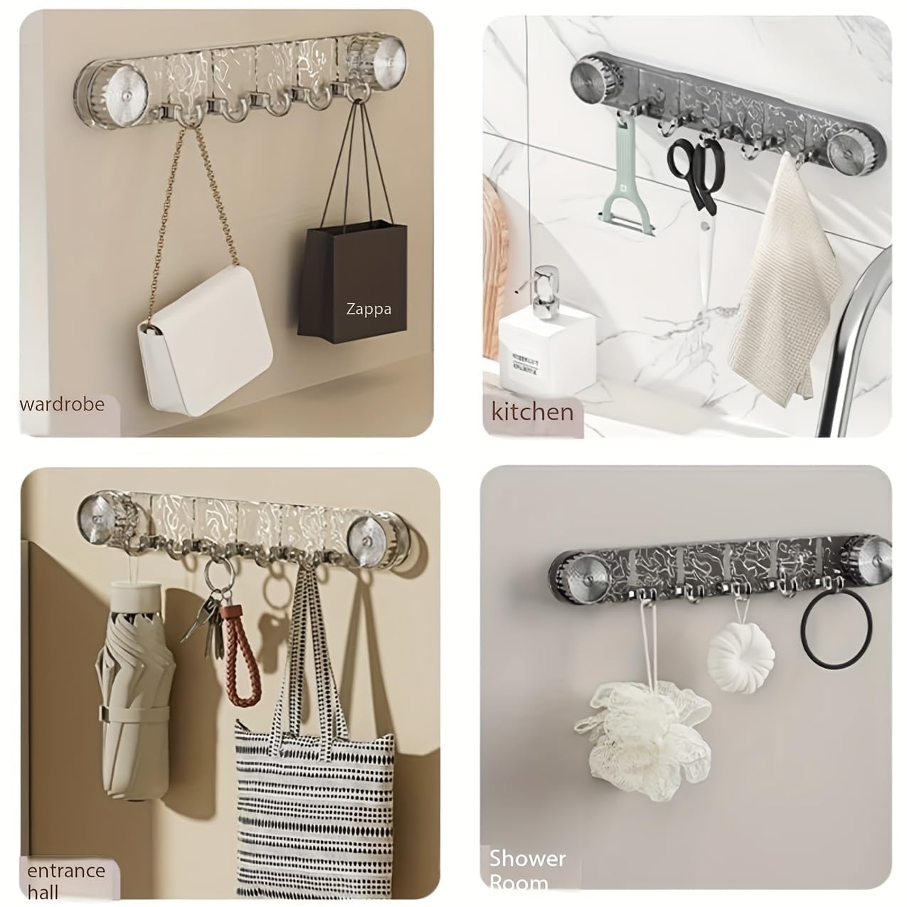 Multi Usage Areas of Wall Mounted Suction Hook Holder Holding Different Daily Needs.