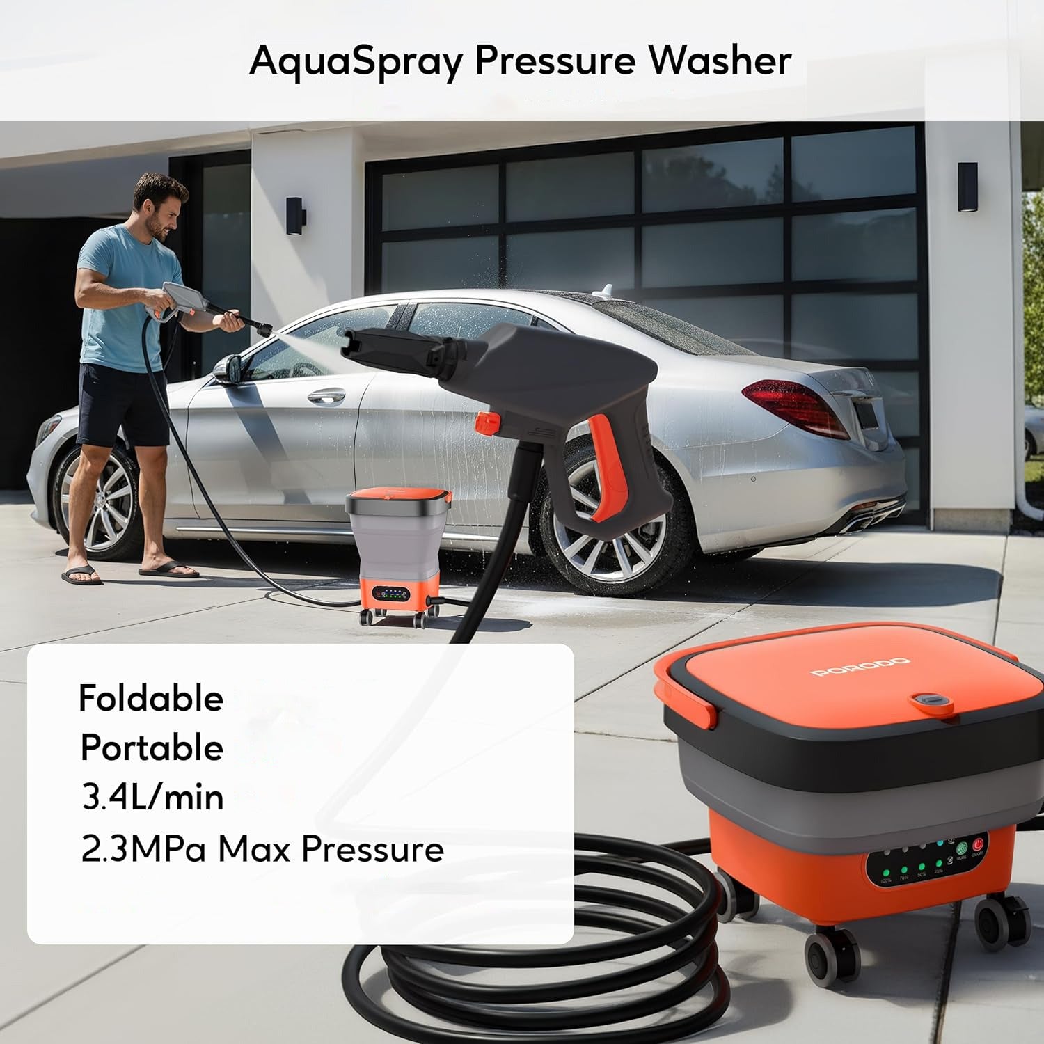 A Person is Washing Car Using Porodo AquaSpray Multifunctional Pressure Washer.