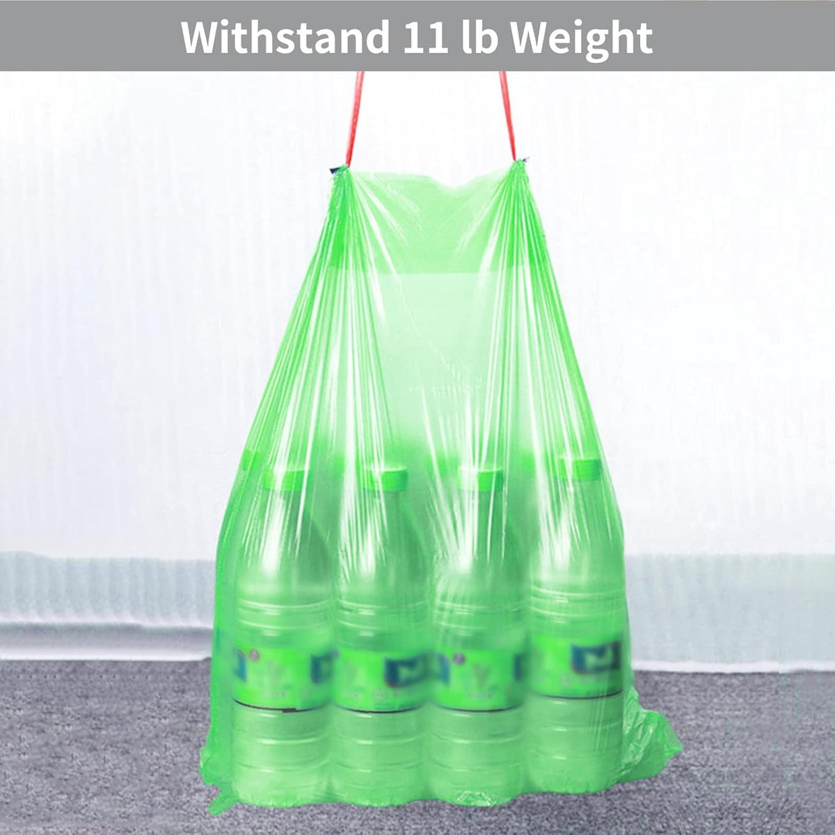 A Biodegradable Drawstring Trash Bag Holding Water Bottles.