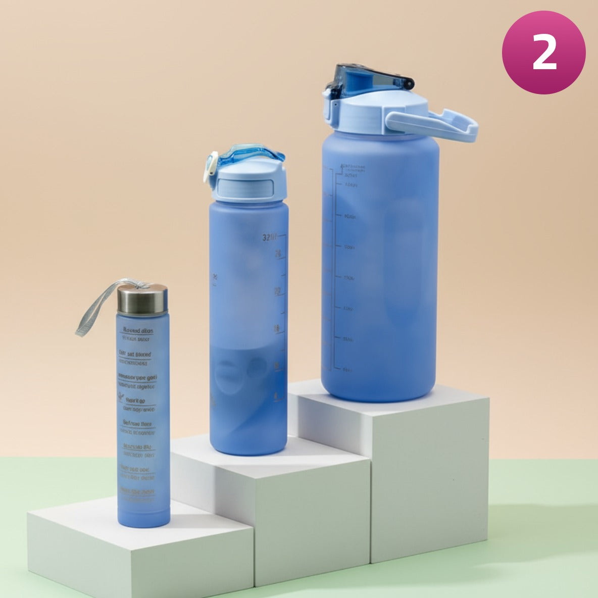 3pcs blue water bottle set placed on a podium