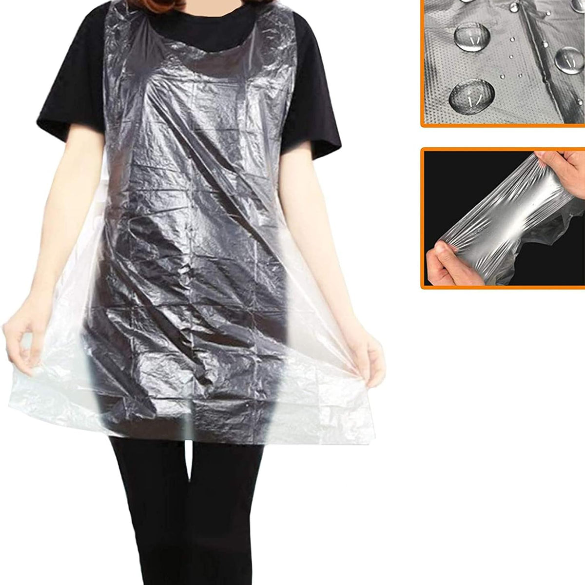 Person wearing a clear plastic apron with close-up insets showing its water-resistant properties.