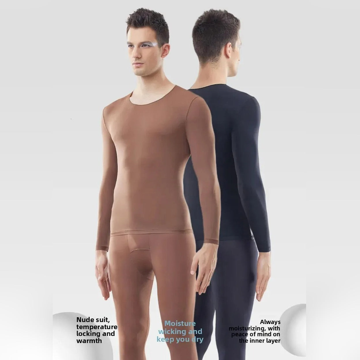 Wearing Men's Thermal Underwear Top & Bottom Set.