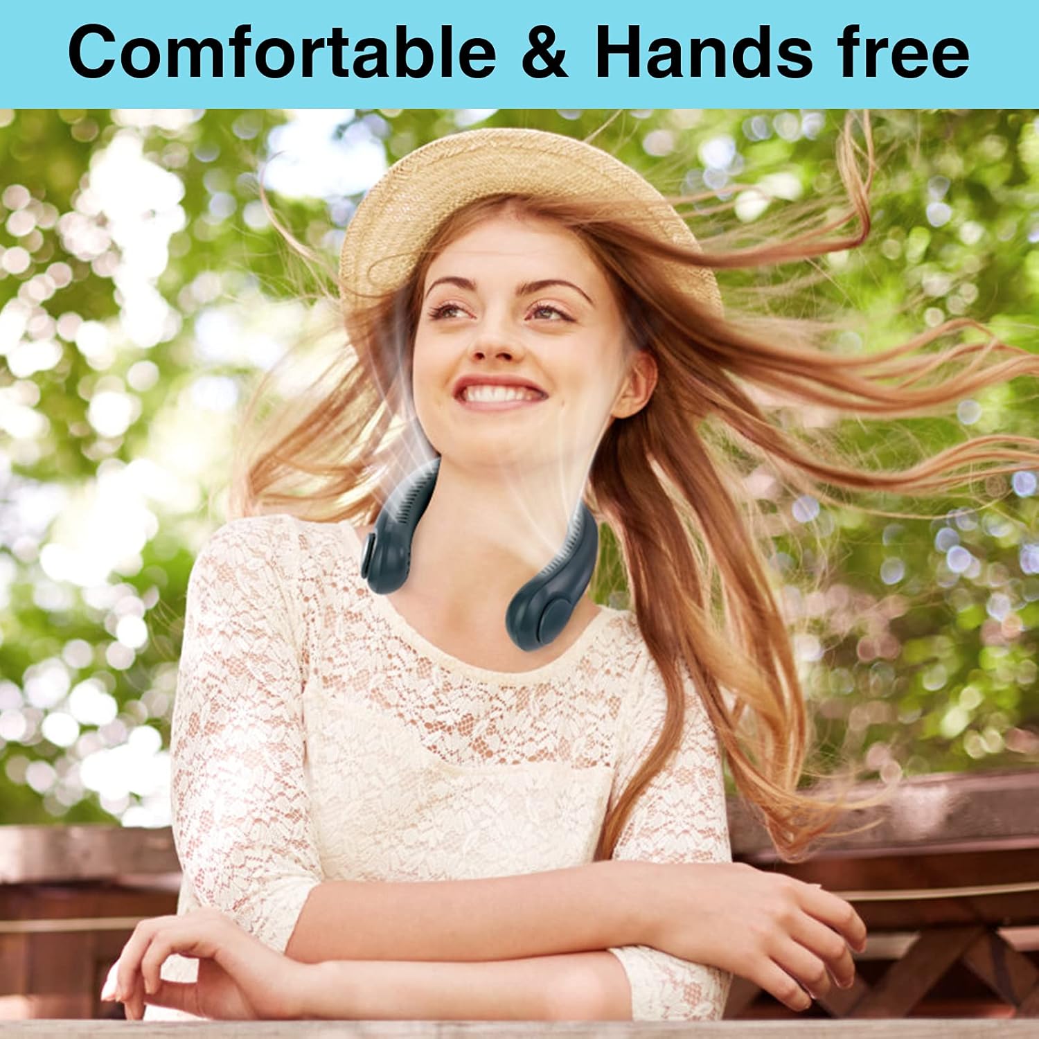 A Woman is Wearing Vaneless Hanging Neck Fan.