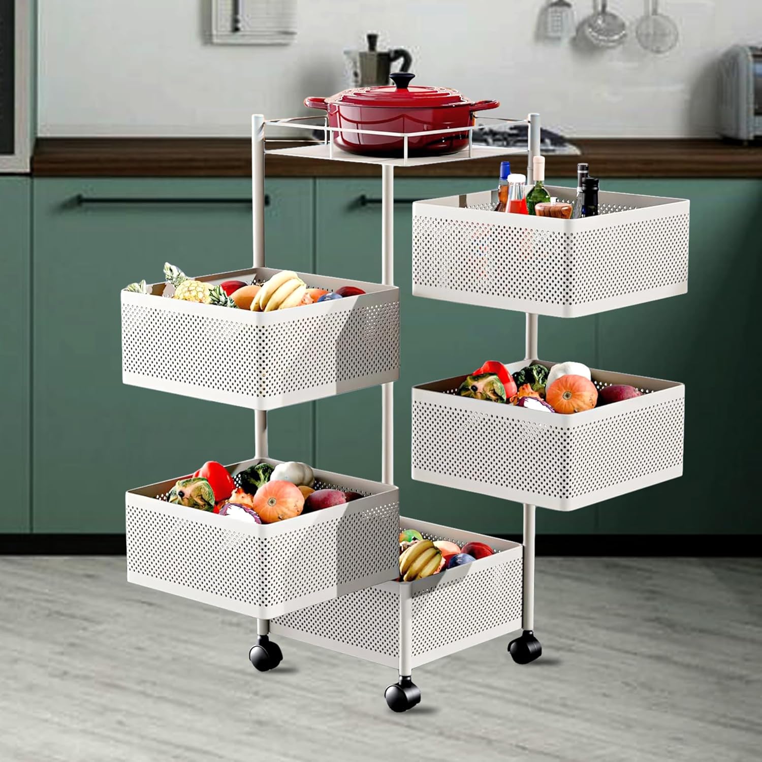 Rotating Square Kitchen Storage Rack with multi-layer metal baskets,organizing fruits, vegetables, utensils, and kitchen appliances in compact spaces.