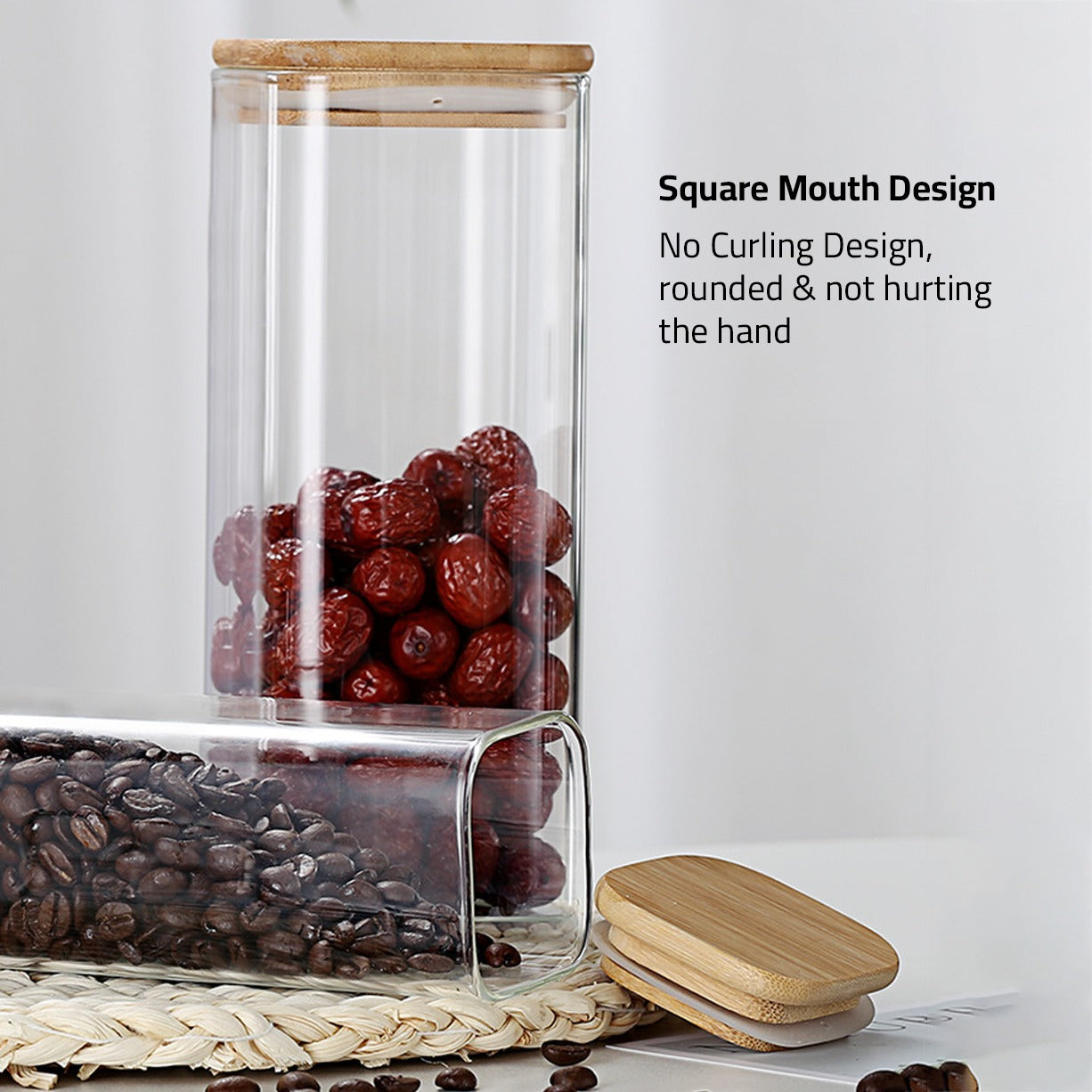 A Set Of Glass Storage Jars  are Filled with Snacks and Other Food Items.