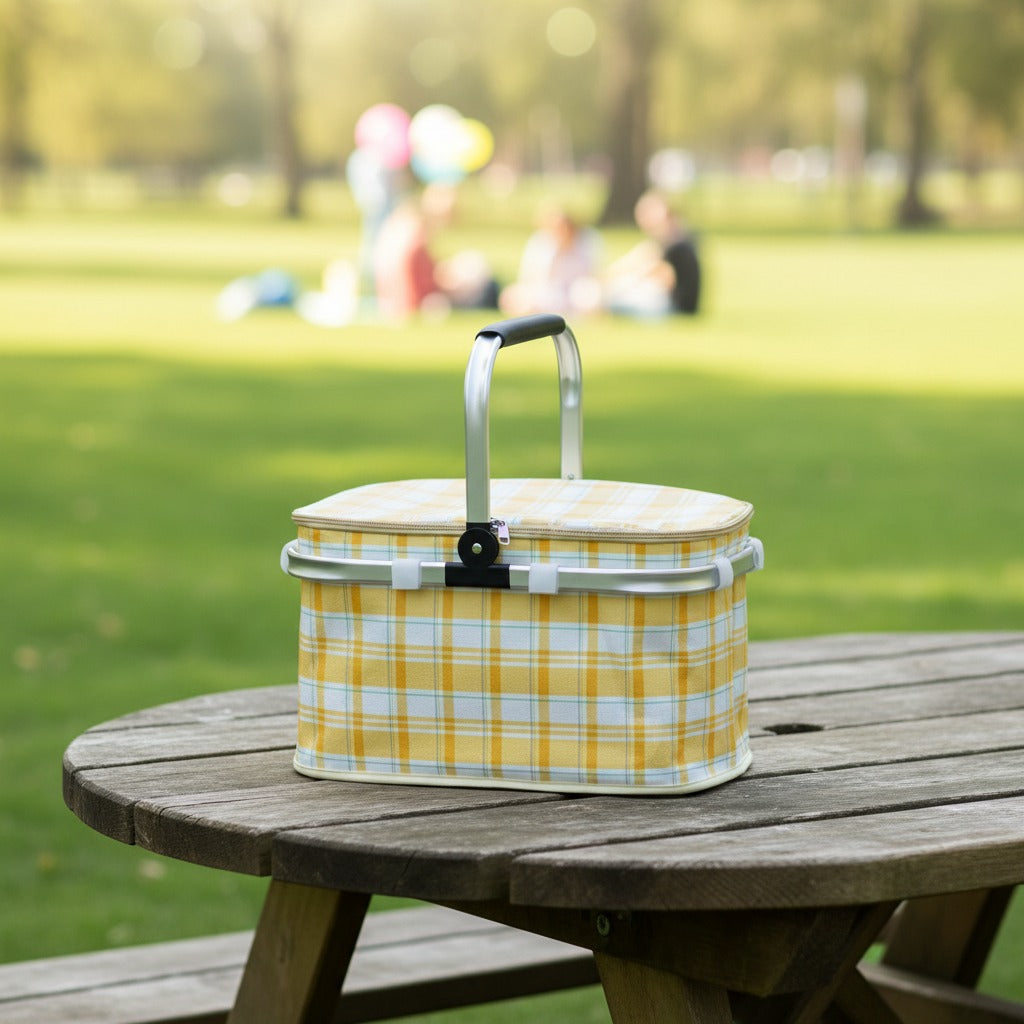 A Foldable Insulated Camping Picnic Basket is Placed in a Picnic Area.