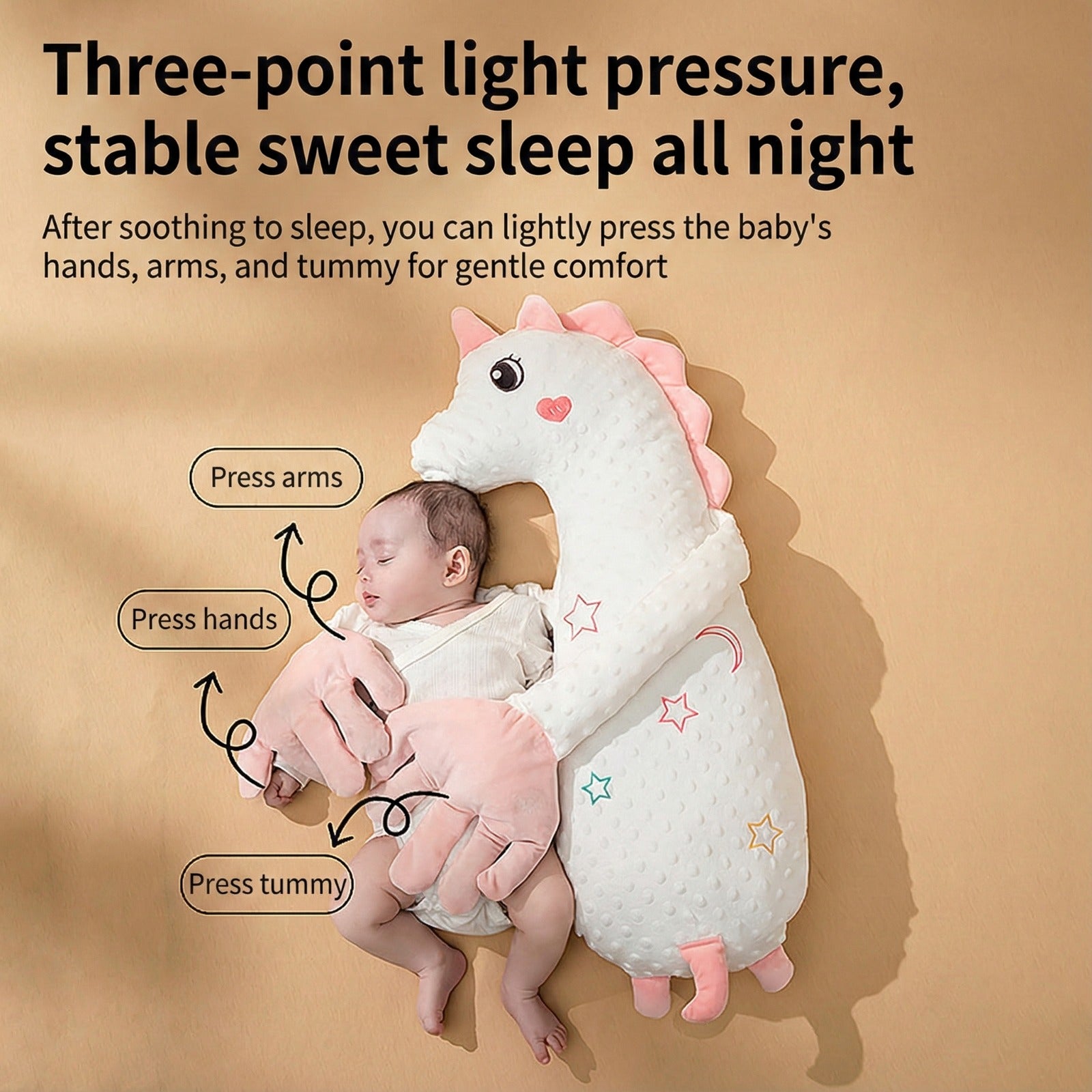 Baby sleeping comfortably in a Baby Patter cushion that cuddles and soothes with gentle arms.