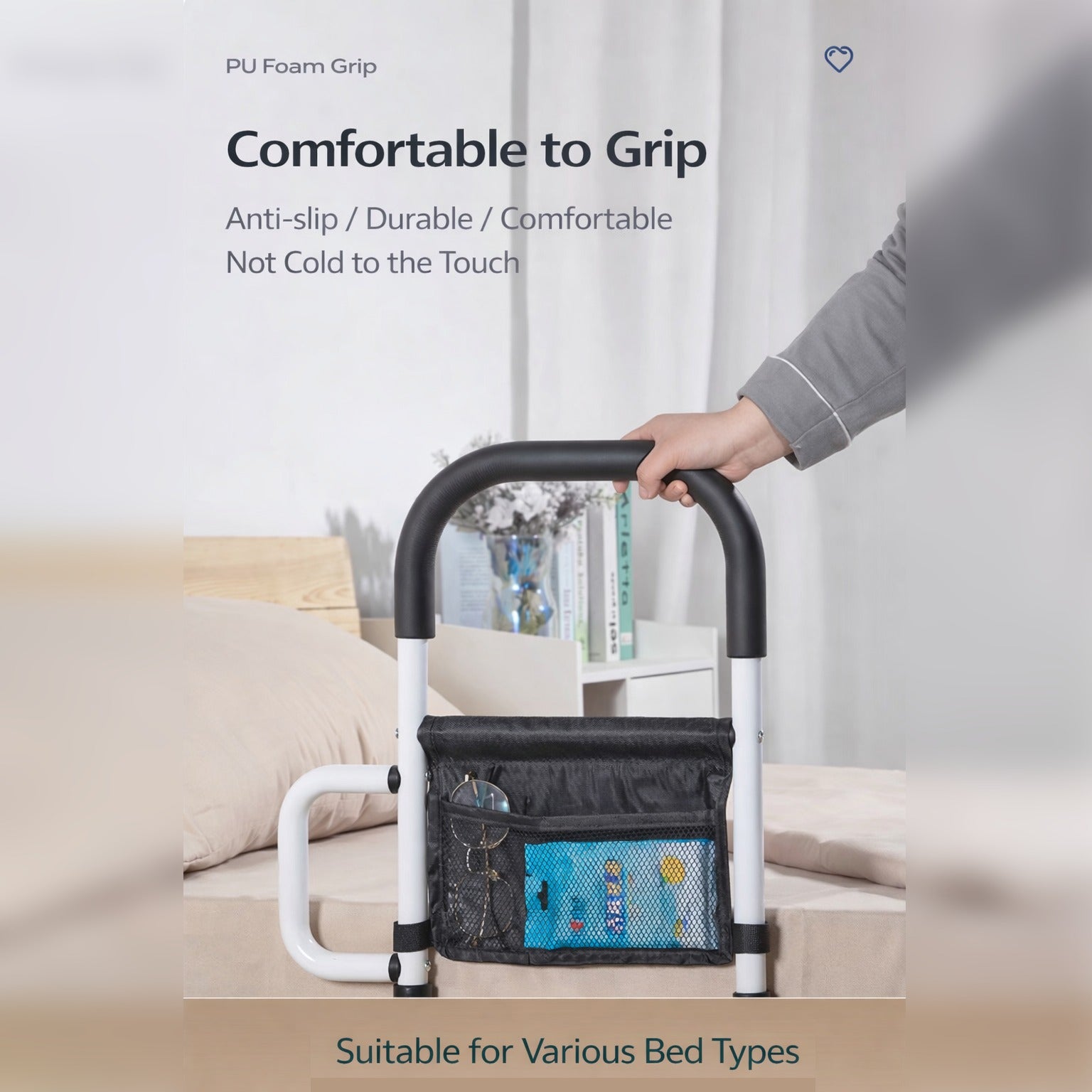 A Person is Standing with the aid of Bed Assist Rail with Safety Handle.