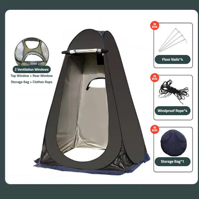 pop-up privacy tent for outdoor camping, designed for changing clothes, showering, or toilet use in the forest or beach areas.