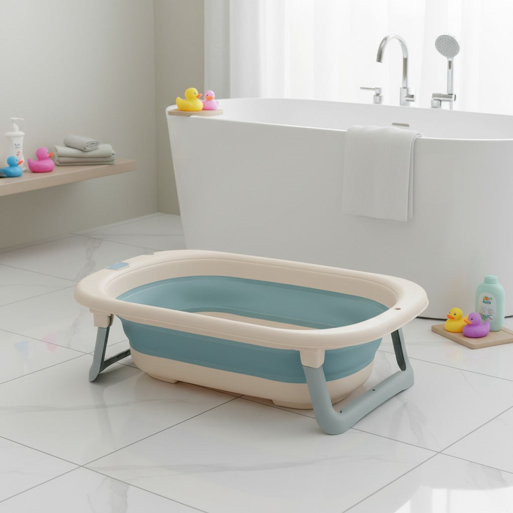 A Newborn bathtub is arranged in a bathroom near adult bath tub.