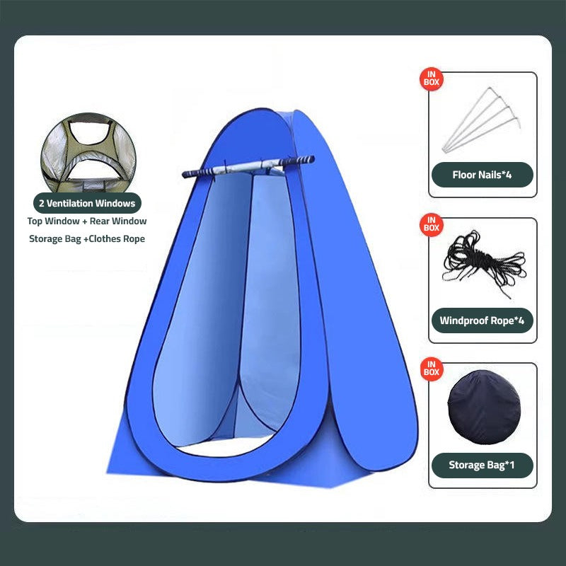 pop-up privacy tent for outdoor camping, designed for changing clothes, showering, or toilet use in the forest or beach areas.