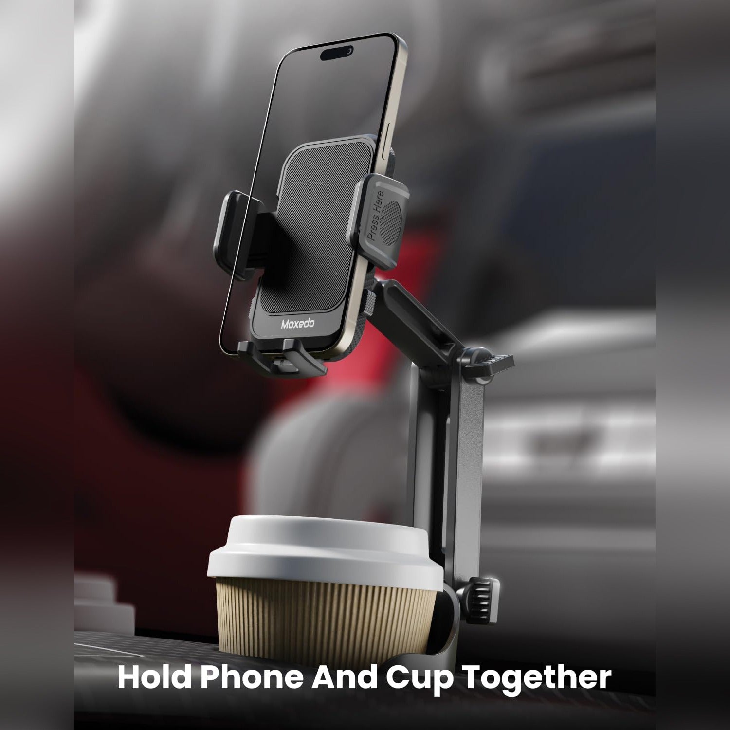 A car cup-holder phone mount holding a smartphone above a coffee cup, allowing both to be used together while driving.