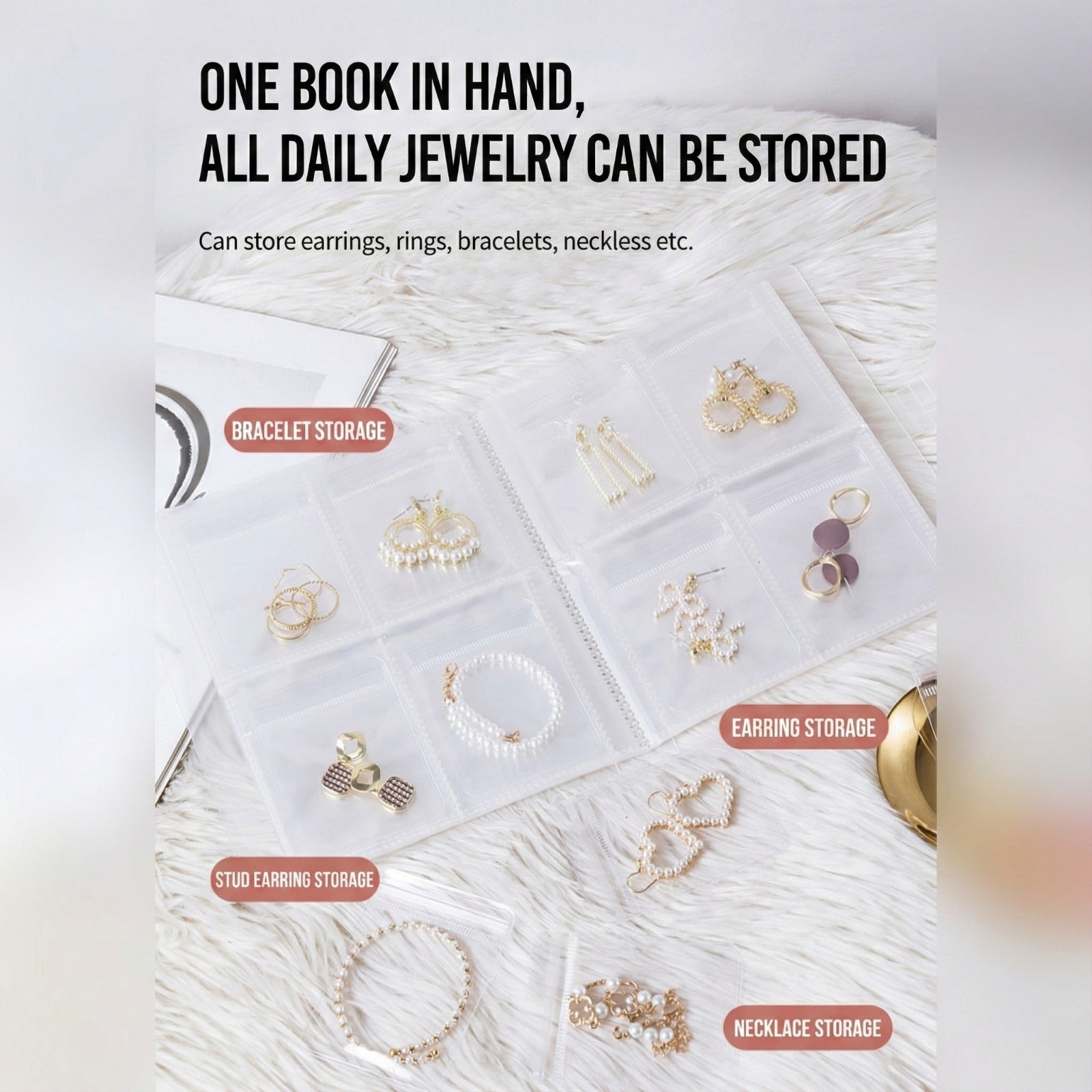A transparent jewelry storage book with multiple clear pocket sleeves displaying neatly organized earrings, bracelets, and rings.