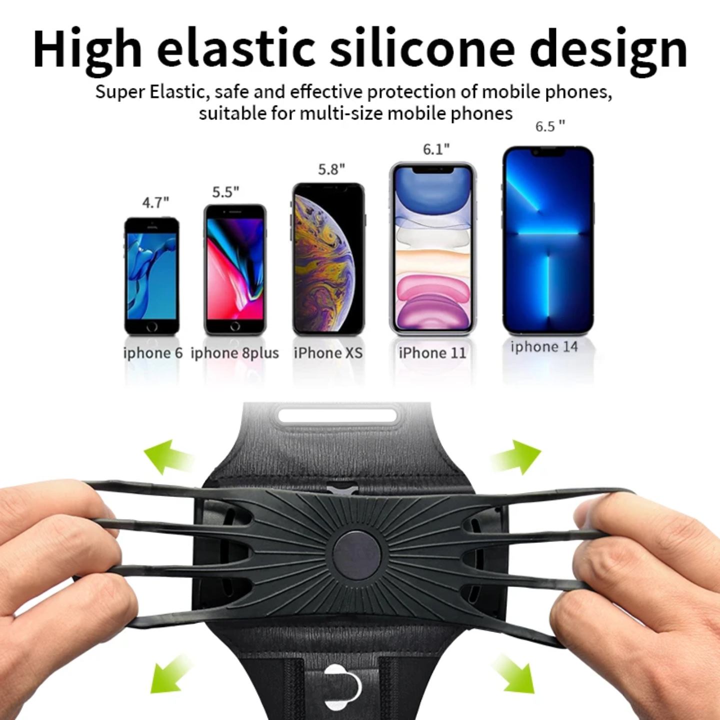 A Person is Demonstating the elasticity of a sports armband phone holder.