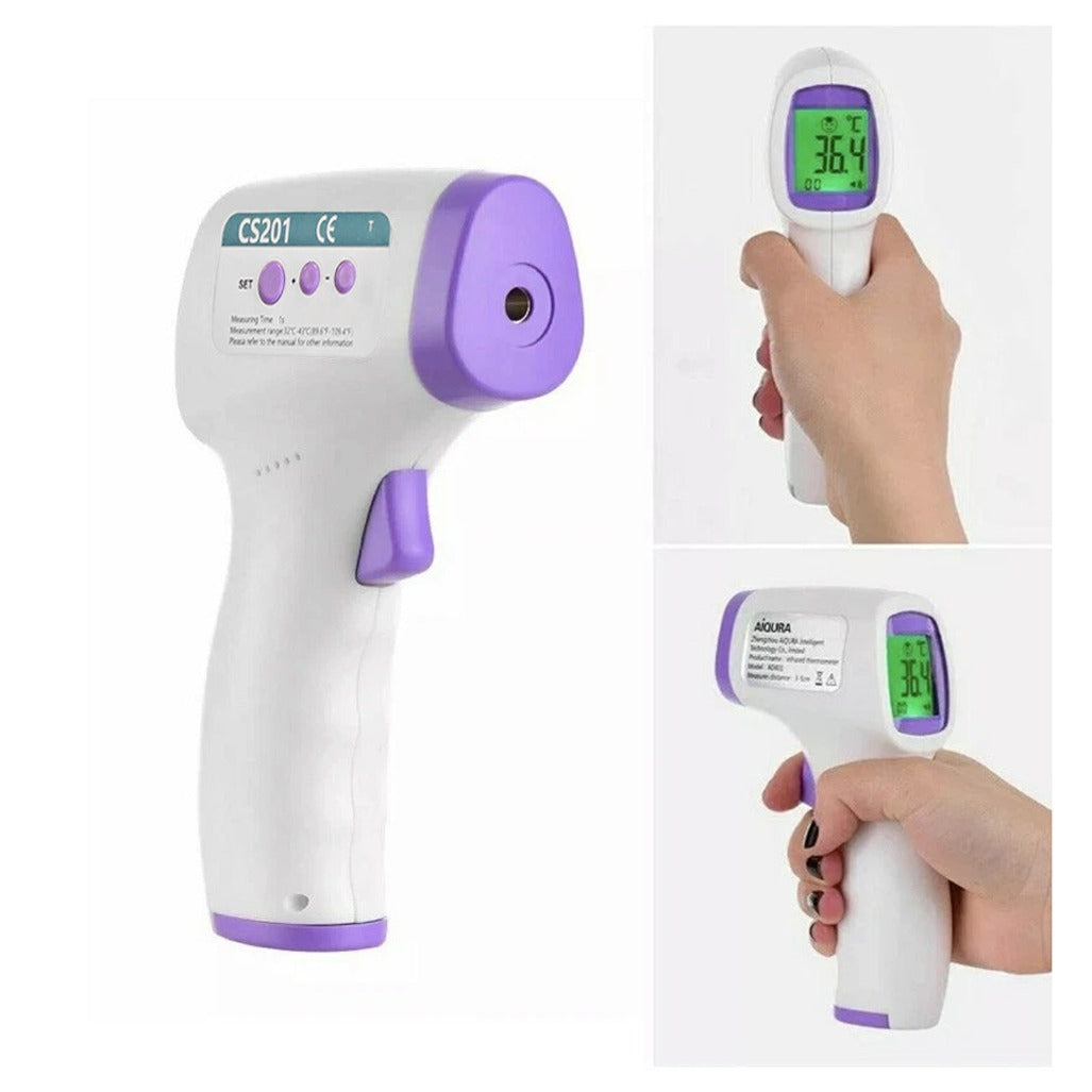 A handheld digital infrared thermometer with a backlit LCD screen displaying temperature readings, shown in multiple angles including being held in hand for easy, contactless measurement.