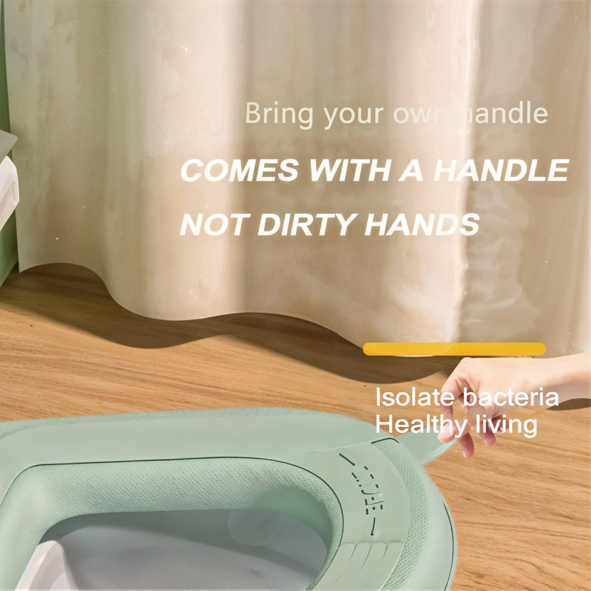 A Persn is pulling the handle of a padded toilet seat cover shown fitted on a toilet.