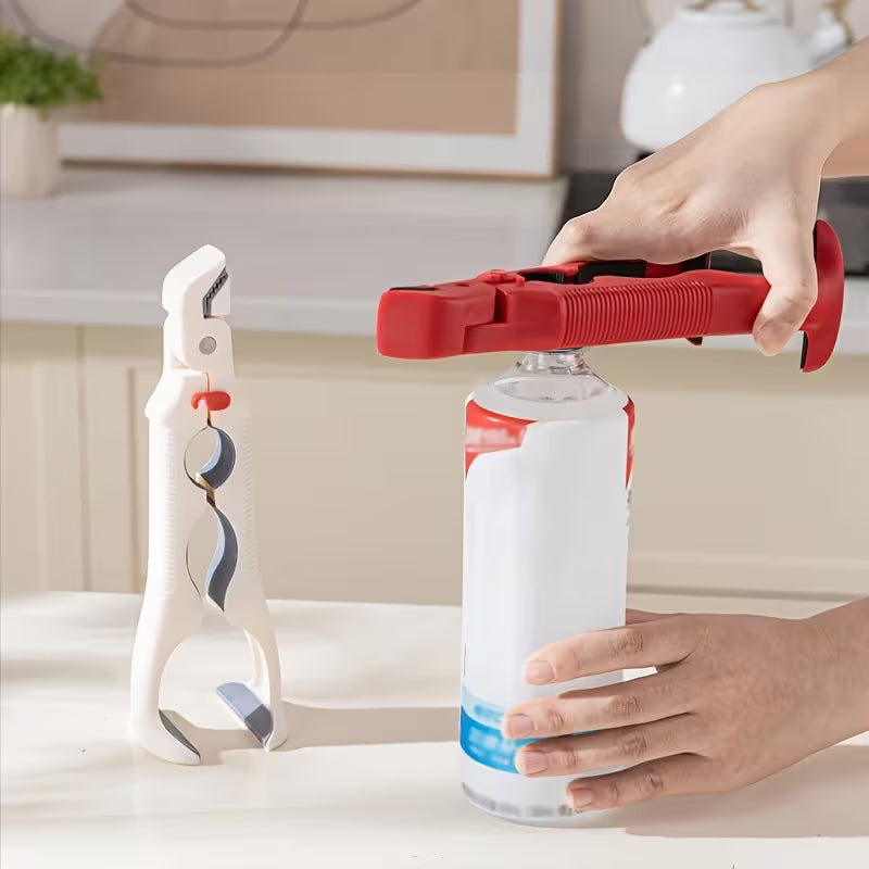 A Person is opening the lid of a bottle using 3-In-1 Heat-Resistant Kitchen Tongs.