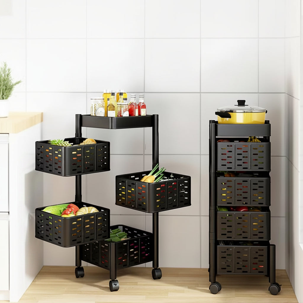 Black multi-tiered storage shelves with food items against a tiled wall.