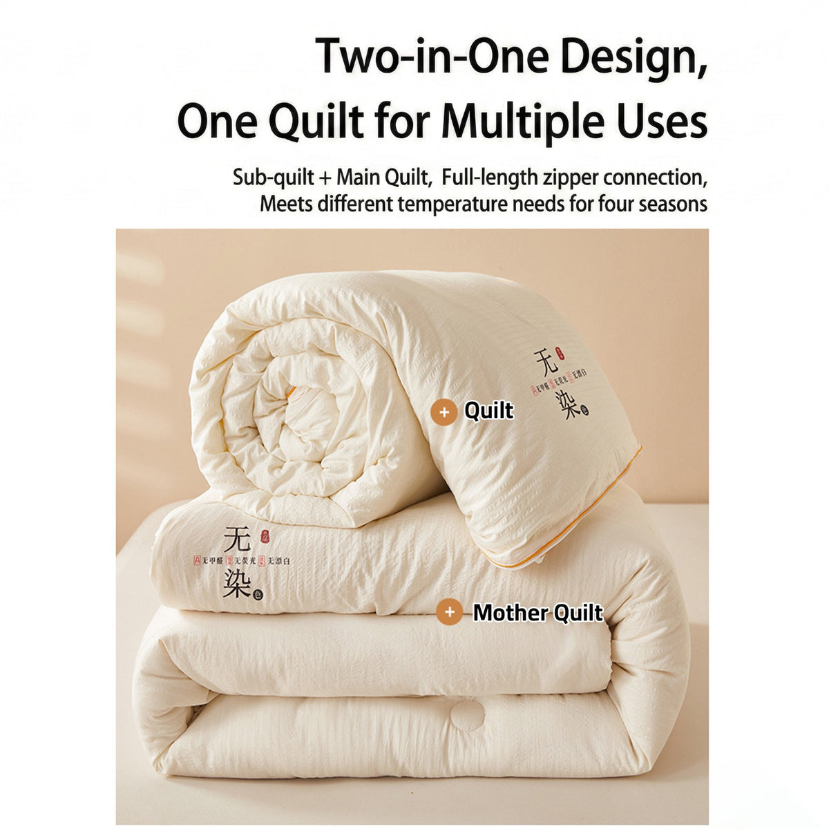A Ultra Soft Soy Fiber Comforter having quilt and mother quilt.