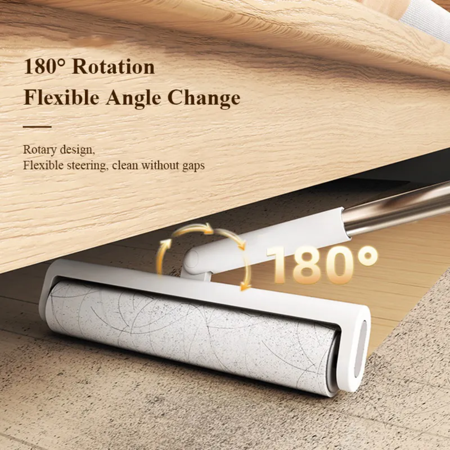 A reusable dust and hair remover lint roller with a 180° rotating handle, designed to easily clean under furniture and remove lint, hair, and debris from floors and surfaces.