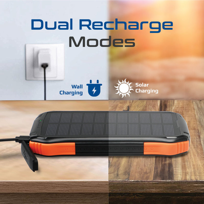 A rugged solar power bank with a built-in wireless charger, solar panel, multiple USB ports, and an emergency LED light.