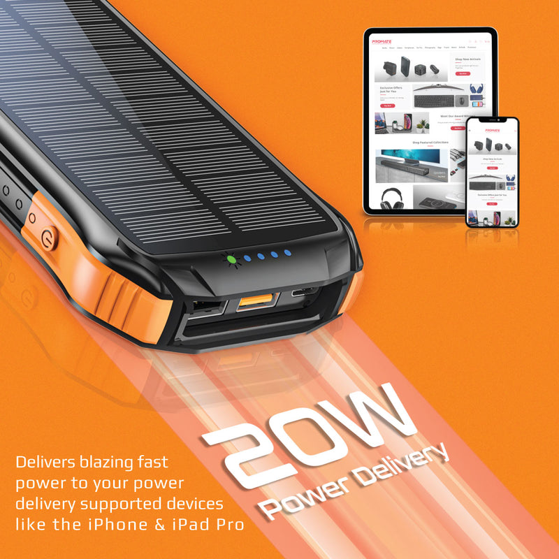 A rugged solar power bank with a built-in wireless charger, solar panel, multiple USB ports, and an emergency LED light.