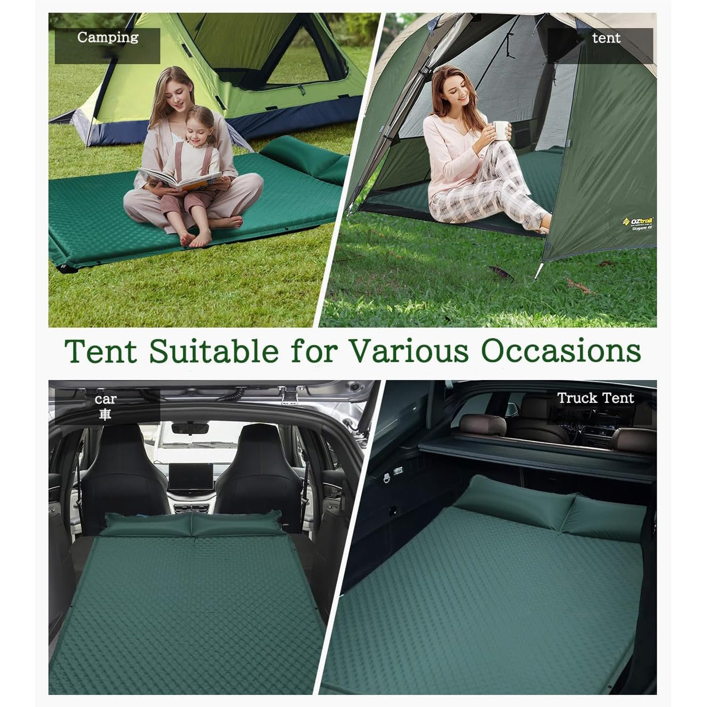 Multi-usage scenarios of self-inflating camping mattress with built-in pillow.
