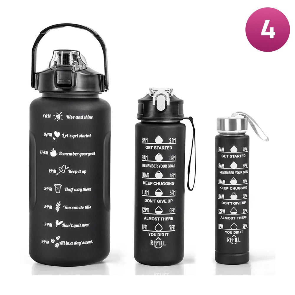 3pcs Black water bottle set placed on a podium