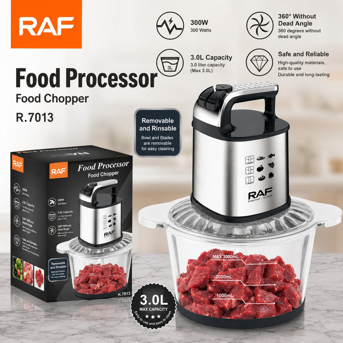 RAF 3L Electric Food Processor and its Pack.