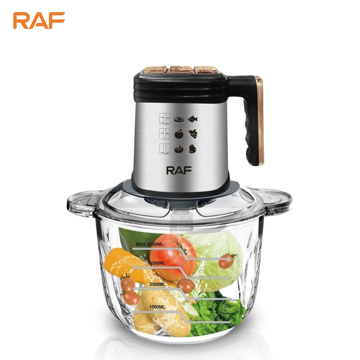 A RAF 5L Food Processor with Vegetables in it.