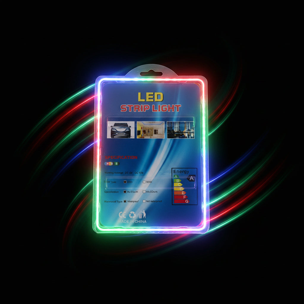 Packaged LED strip light with specifications on a white background