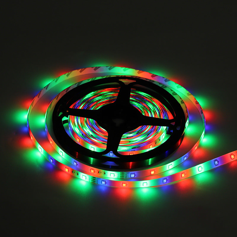 Multicolored LED strip light on a black background