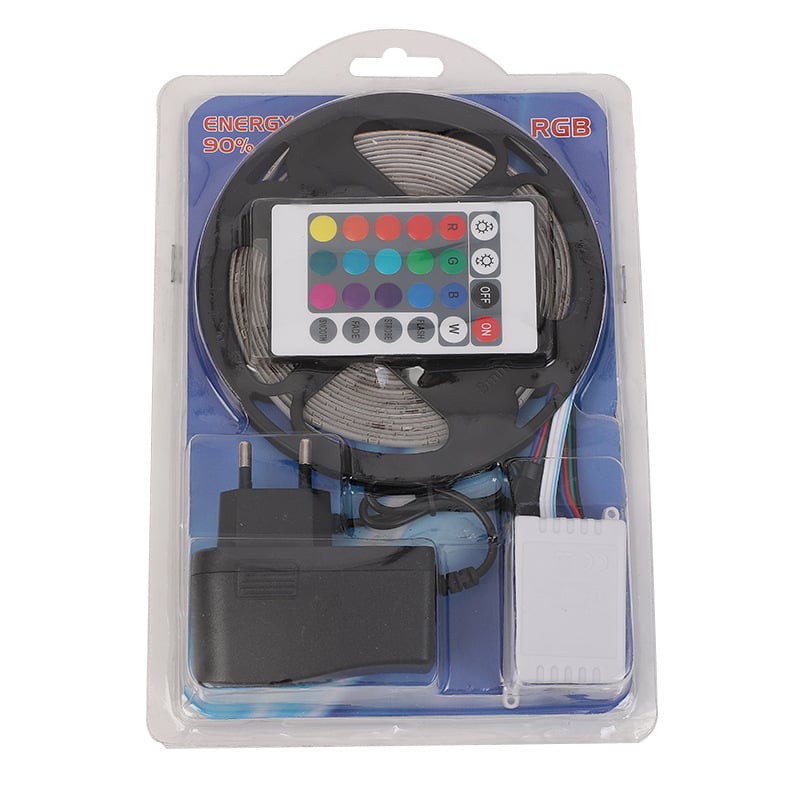 Packaged LED strip light set with remote control and power adapter on a white background