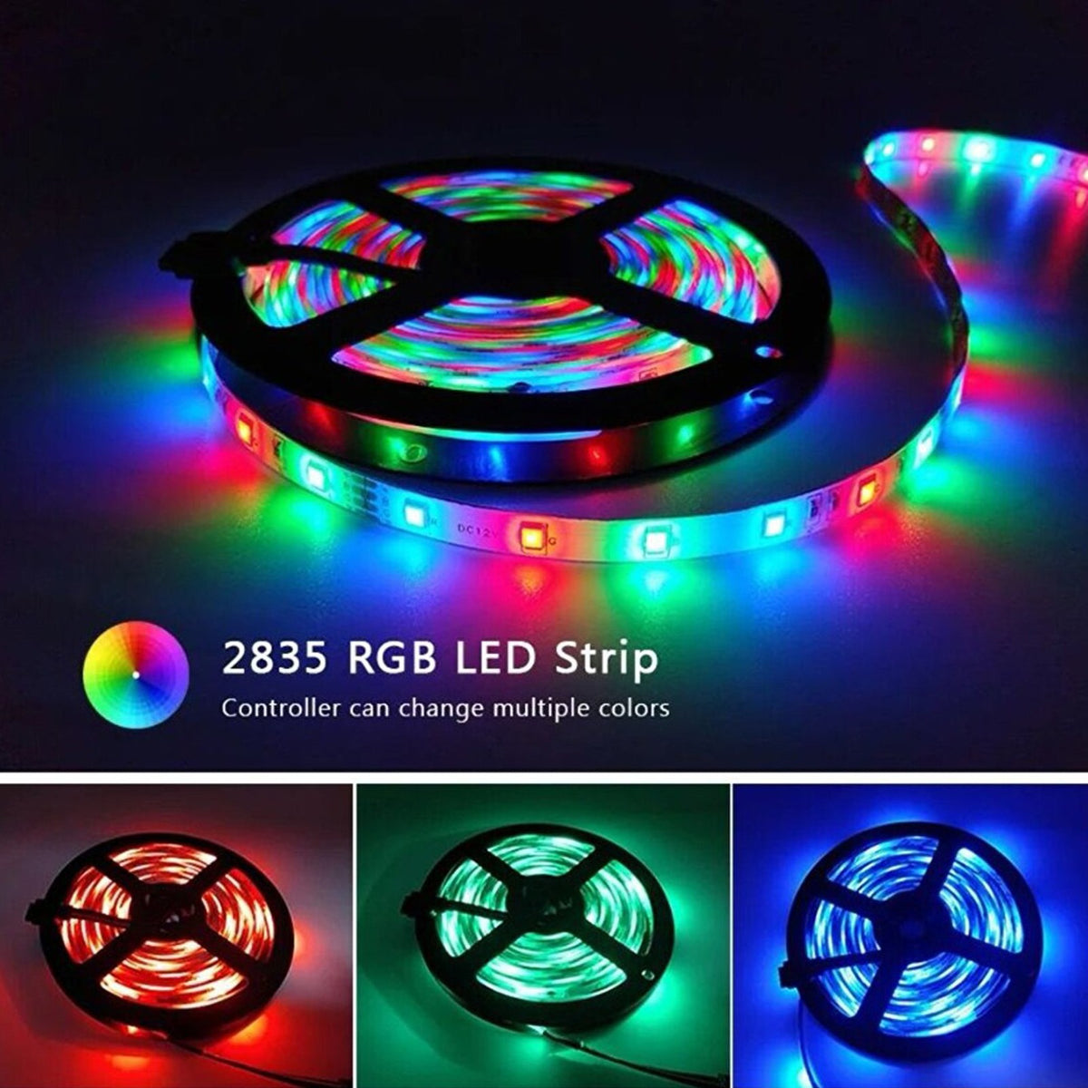 RGB LED strip with color-changing capabilities on a dark background