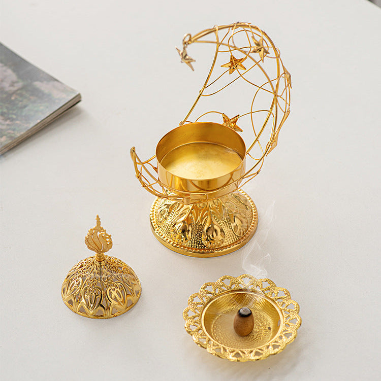 Parts Display of Ramadan Crescent Bukhoor Burner with Burning Incence.
