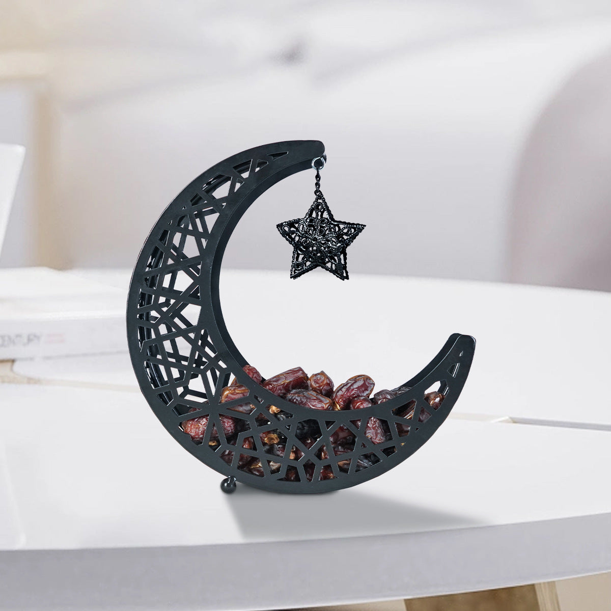 Ramadan Eid Crescent Dates Holder with Dates are Arranged in a Table.